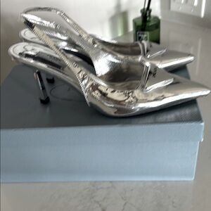 PRADA Metallic Argento-Silver Slingback Heels 39 (US 8.5-9) EUC